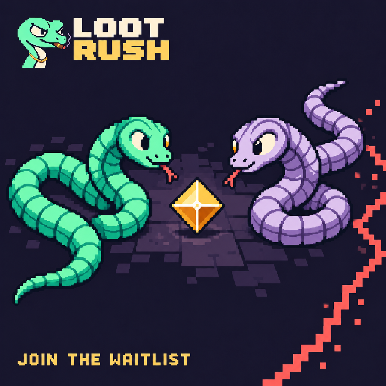 Loot Rush pixel snakes facing a gold gem, with Join the waitlist below